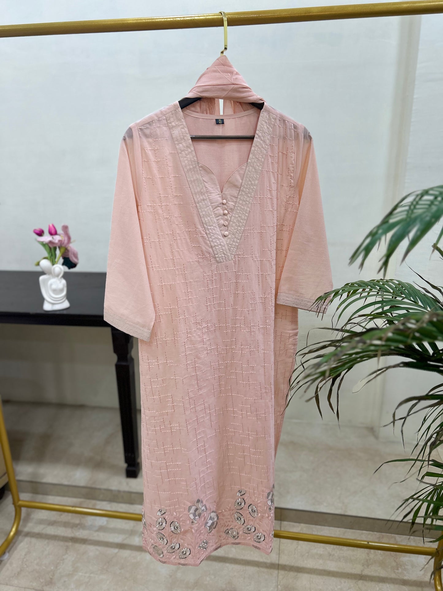 Women’s pure cotton embroidered kurta pant set with matching cotton dupatta in pastel pink and aqua blue, lightweight breathable ethnic wear for office, casual, and festive occasions.
