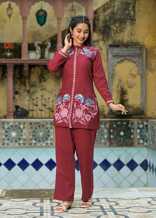 Maroon FloraLine Co-ord Set