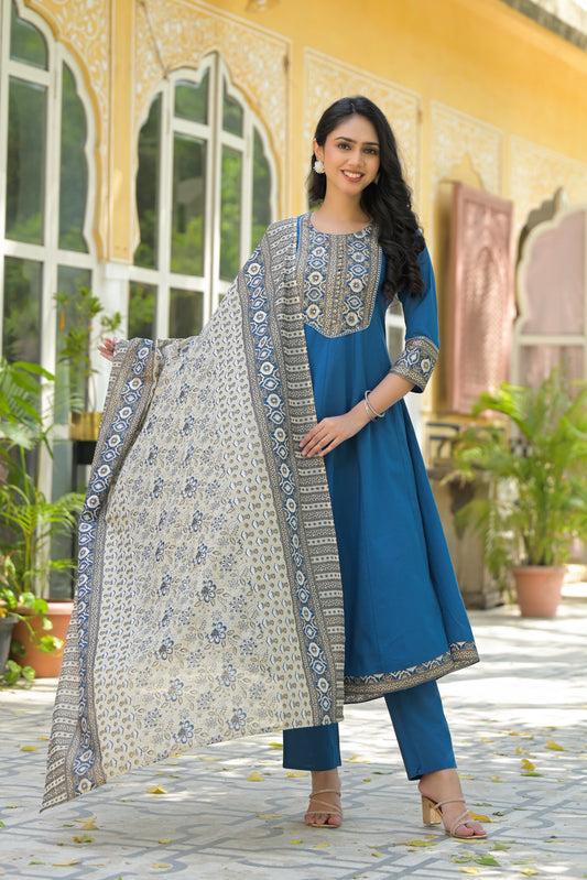 Blue A-Line Cotton Suit Set