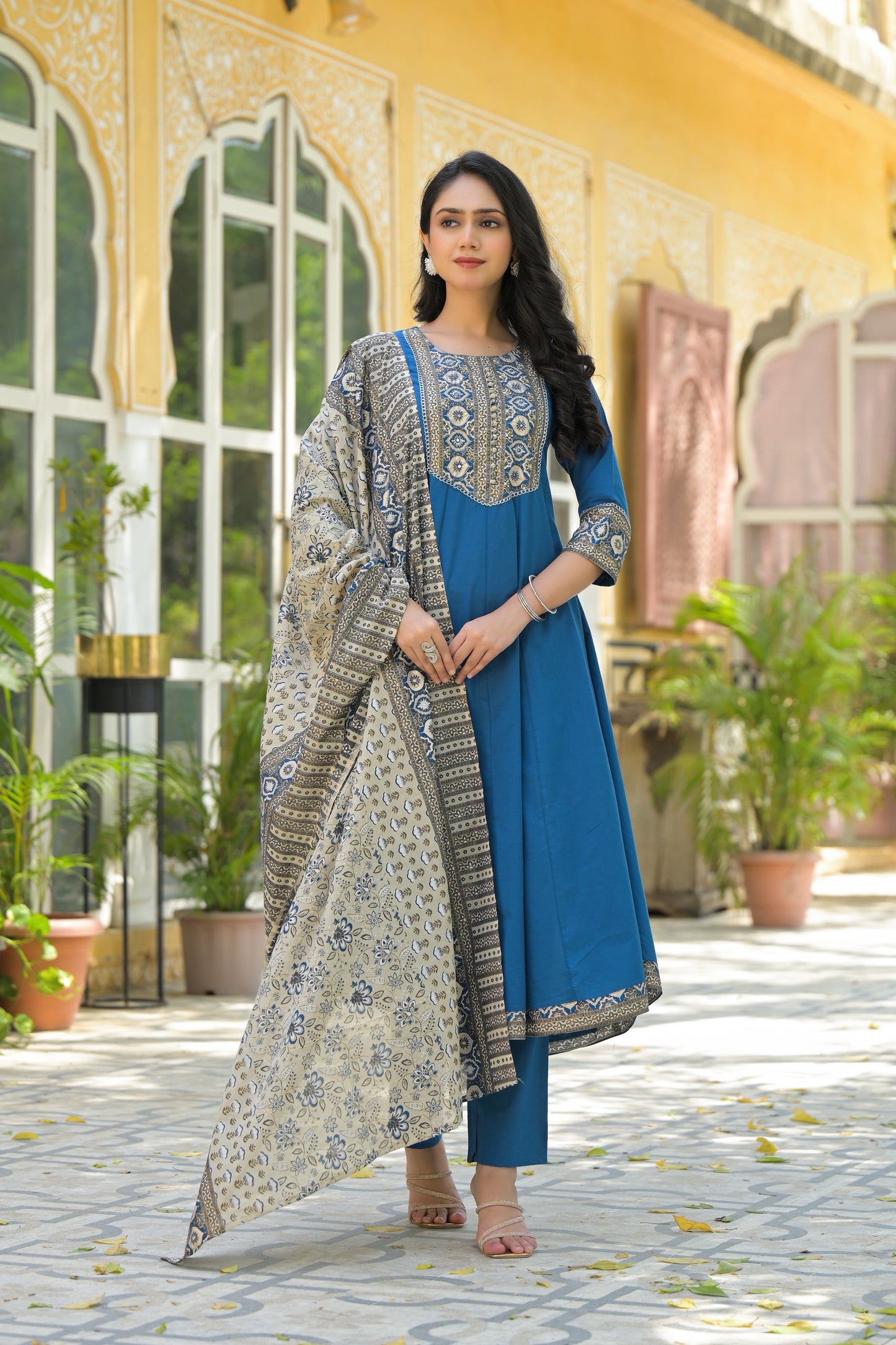 Blue A-Line Cotton Suit Set