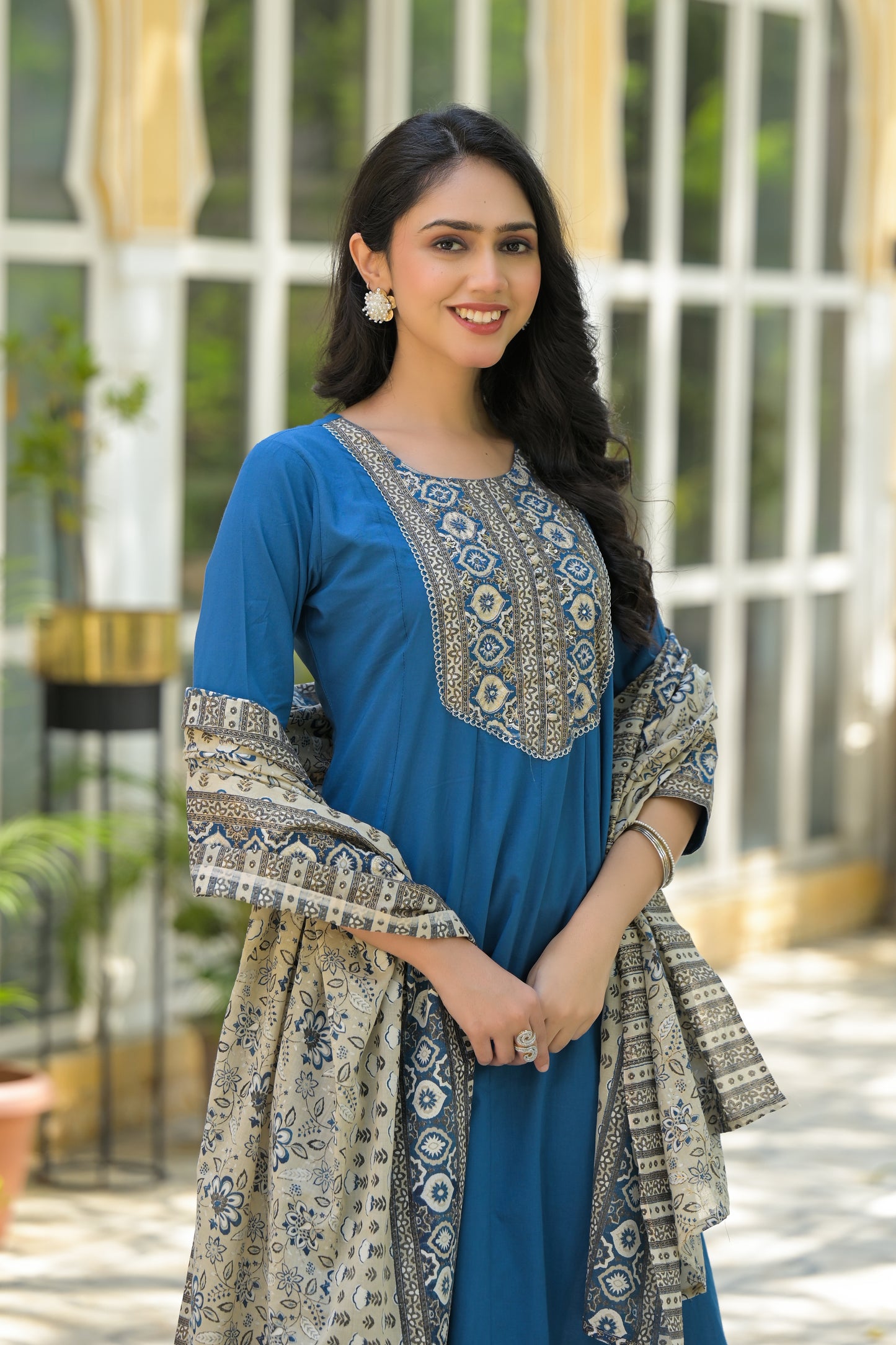 Blue A-Line Cotton Suit Set