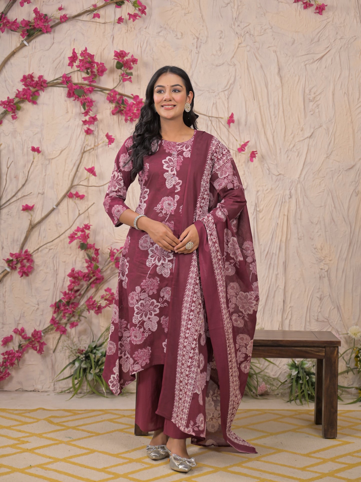 Maroon Floral Cotton Kurta Set