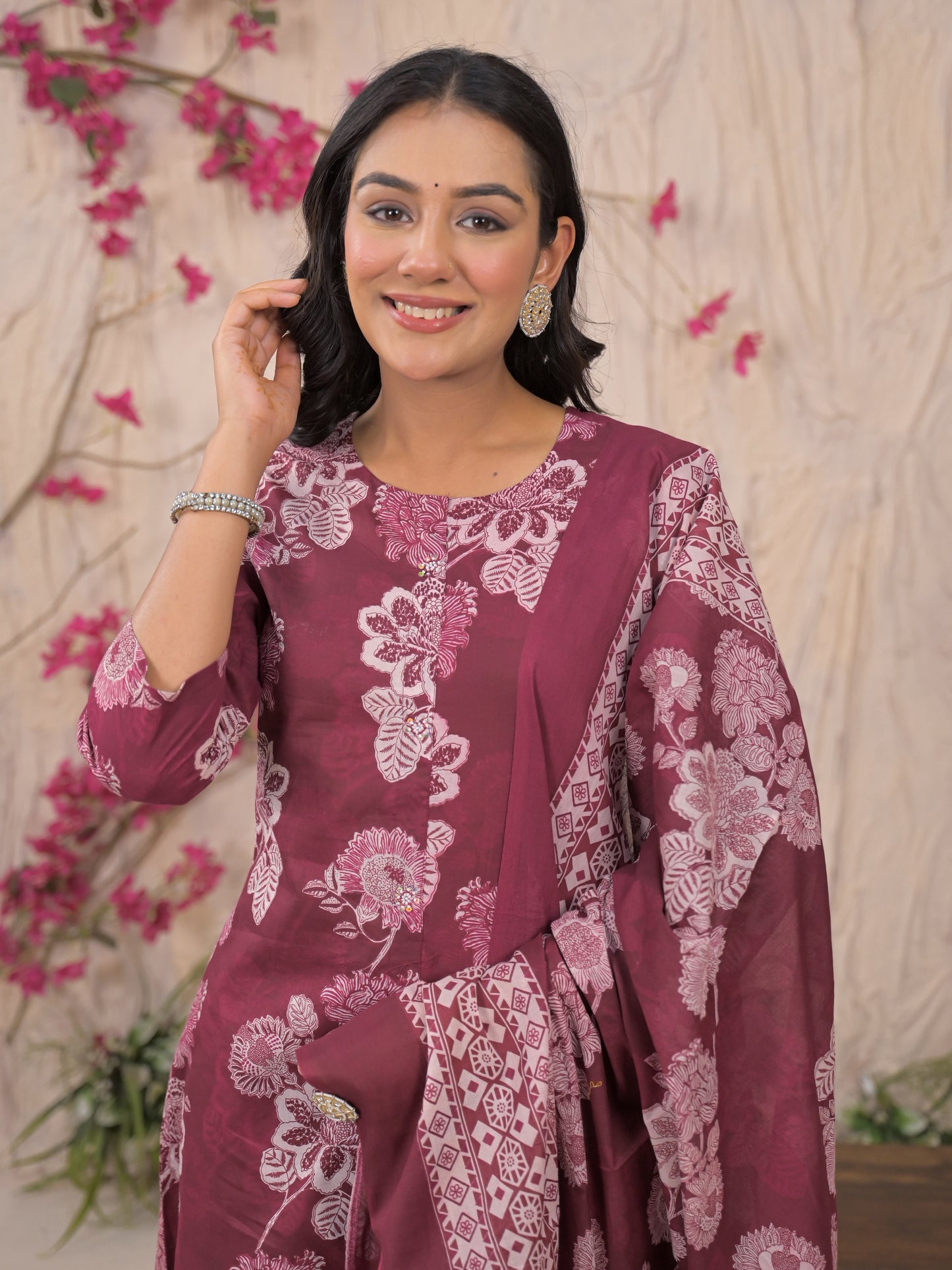 Maroon Floral Cotton Kurta Set