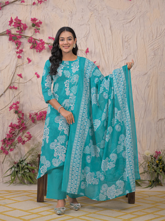 Blue Floral Cotton Kurta Set