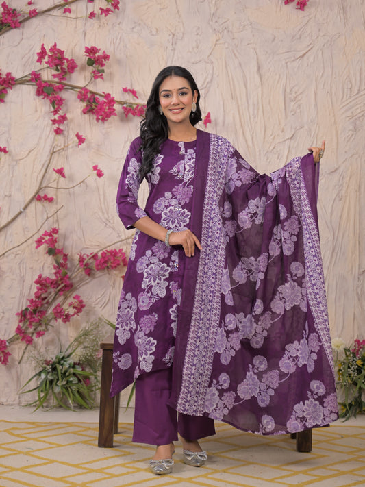 Purple Floral Cotton Kurta Set