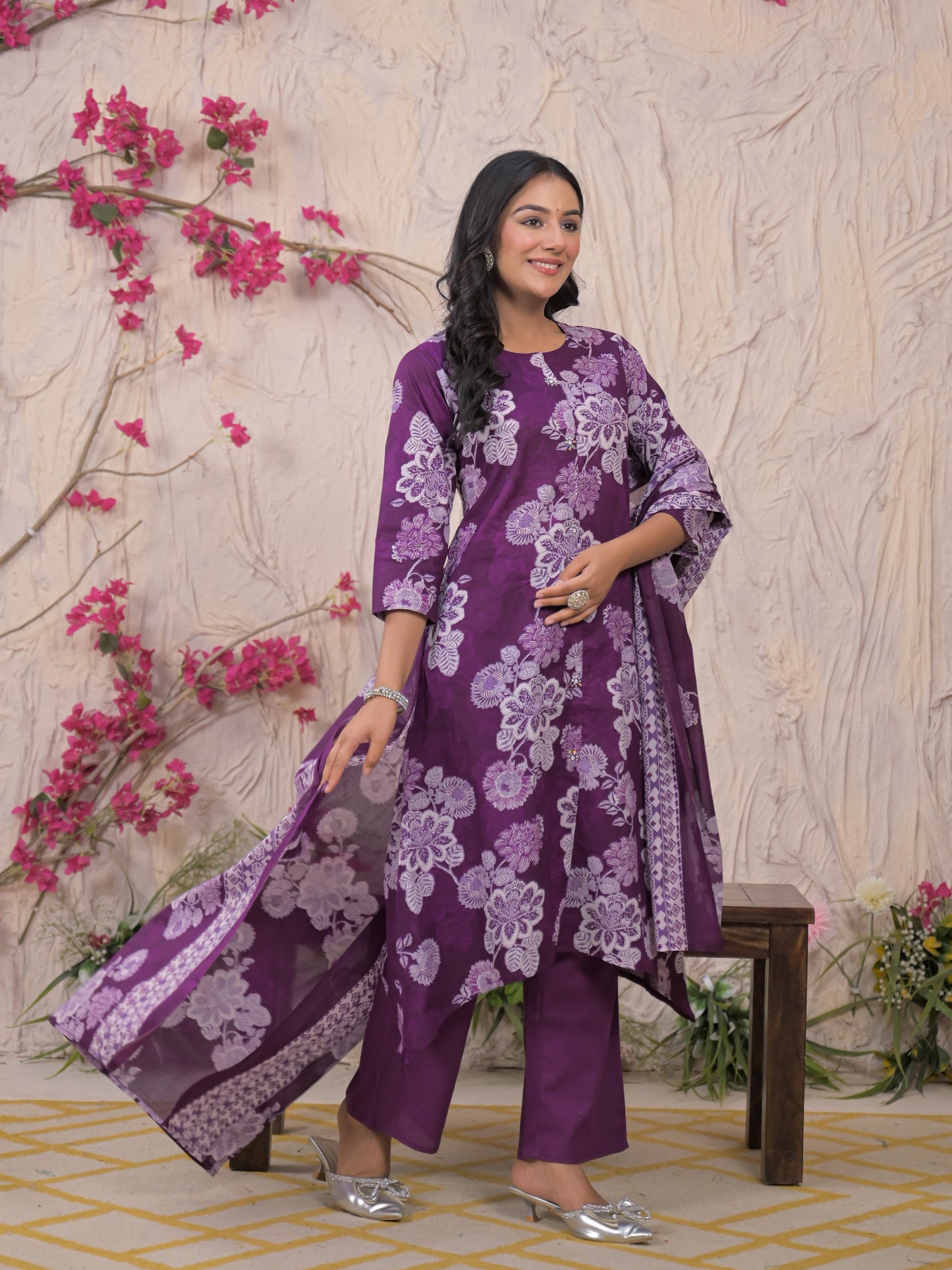 Purple Floral Cotton Kurta Set