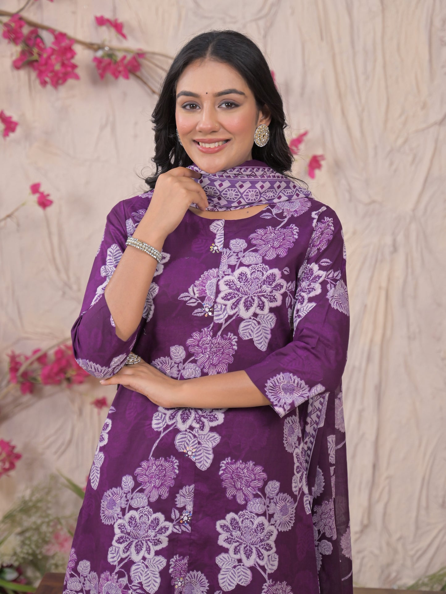 Purple Floral Cotton Kurta Set