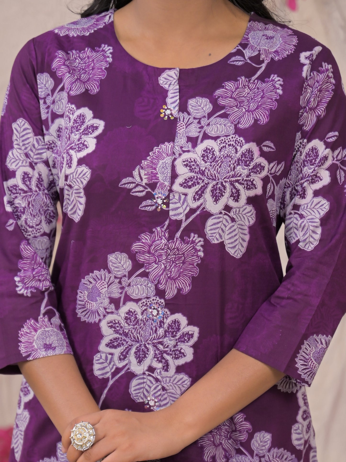 Purple Floral Cotton Kurta Set