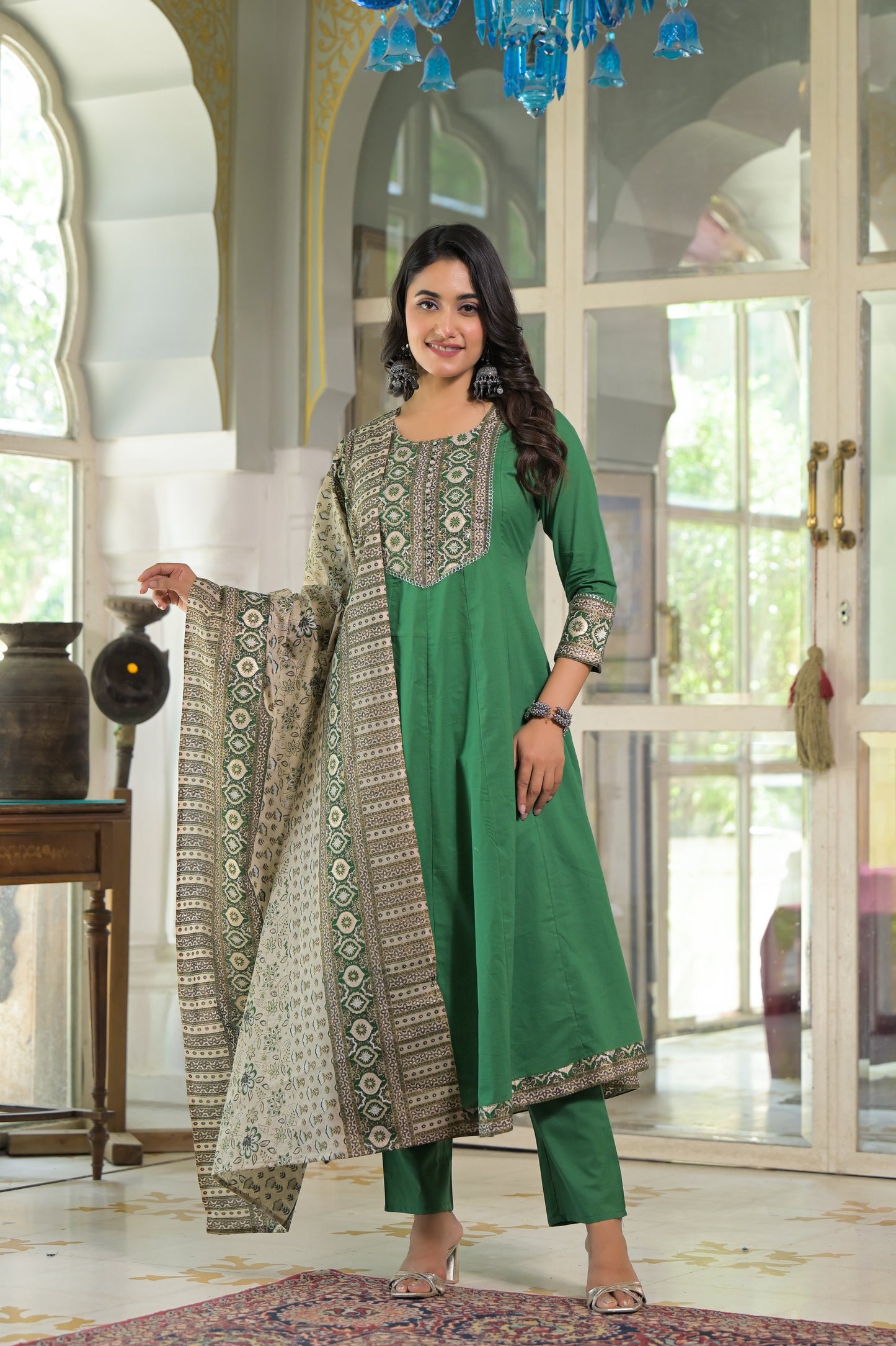 Green A-line Cotton Suit Set