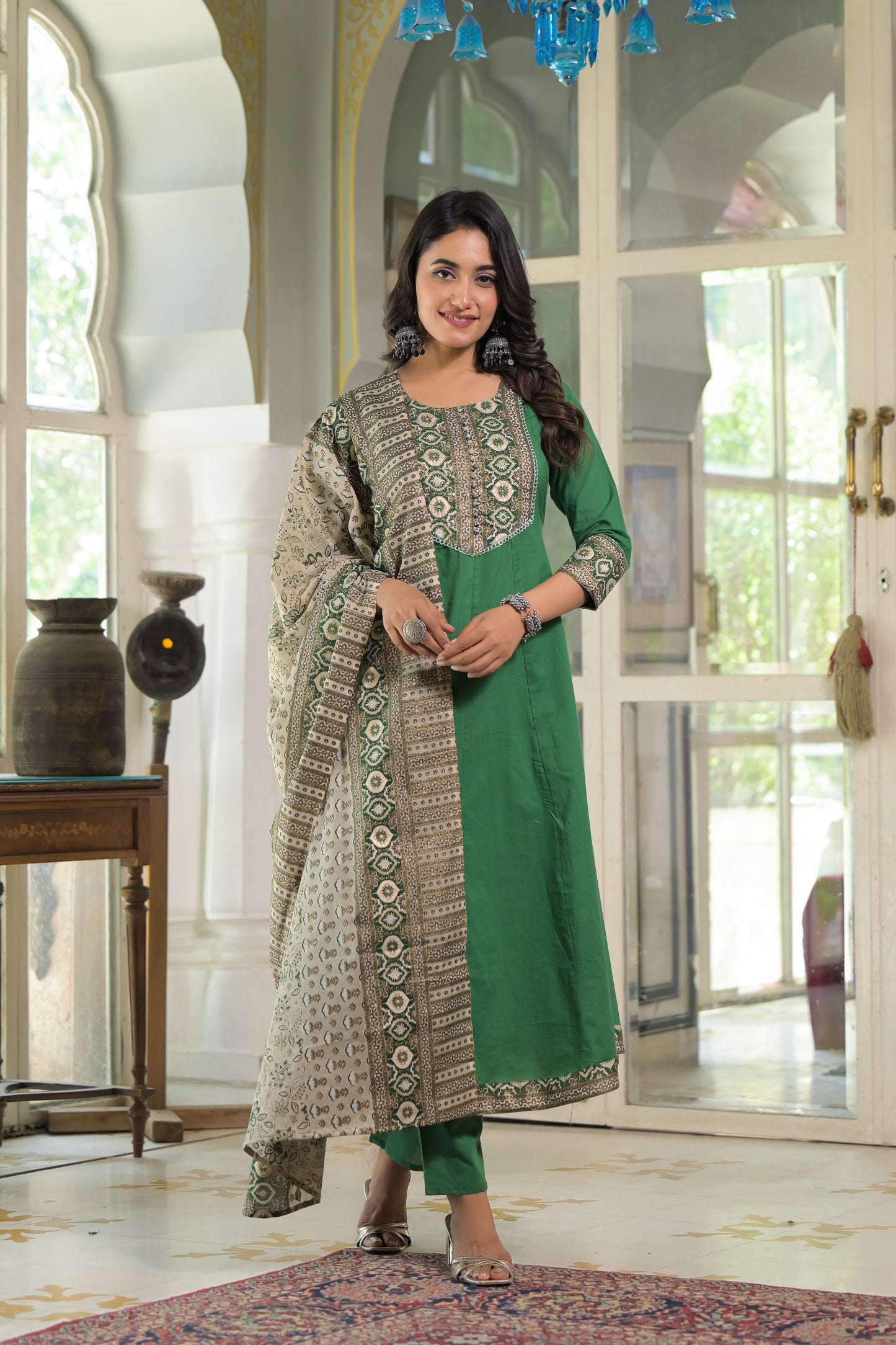 Green A-line Cotton Suit Set