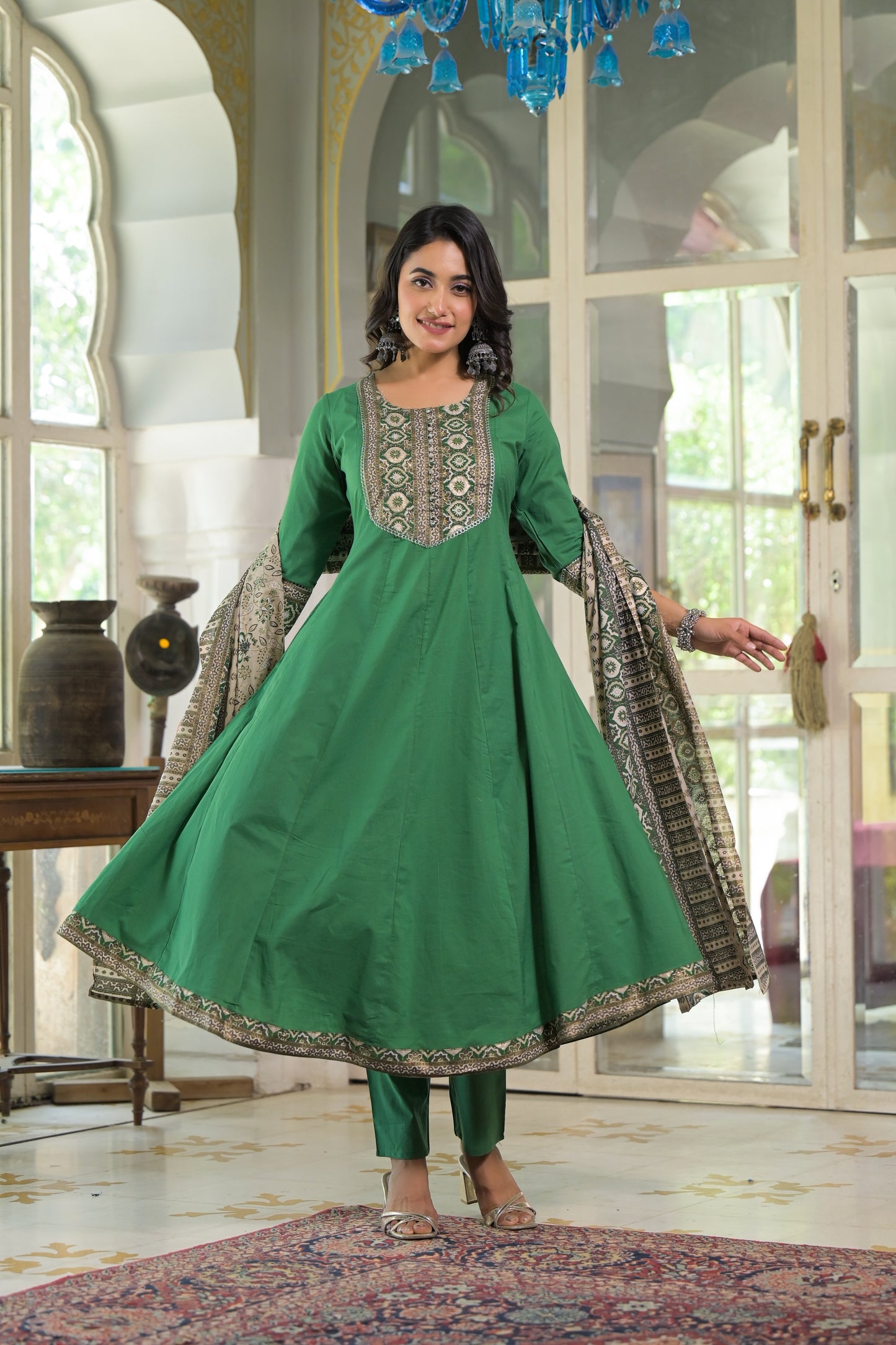Green A-line Cotton Suit Set