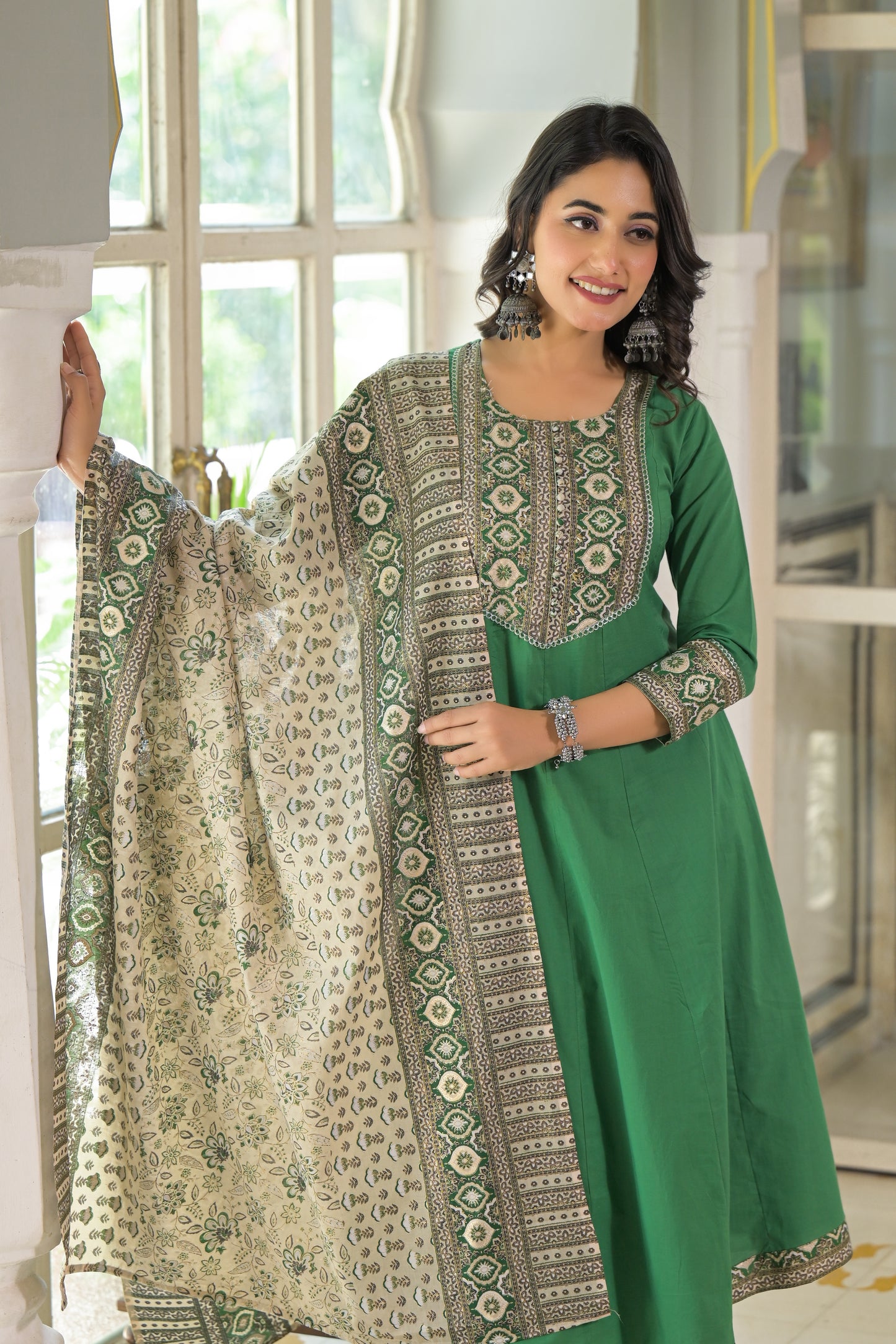 Green A-line Cotton Suit Set