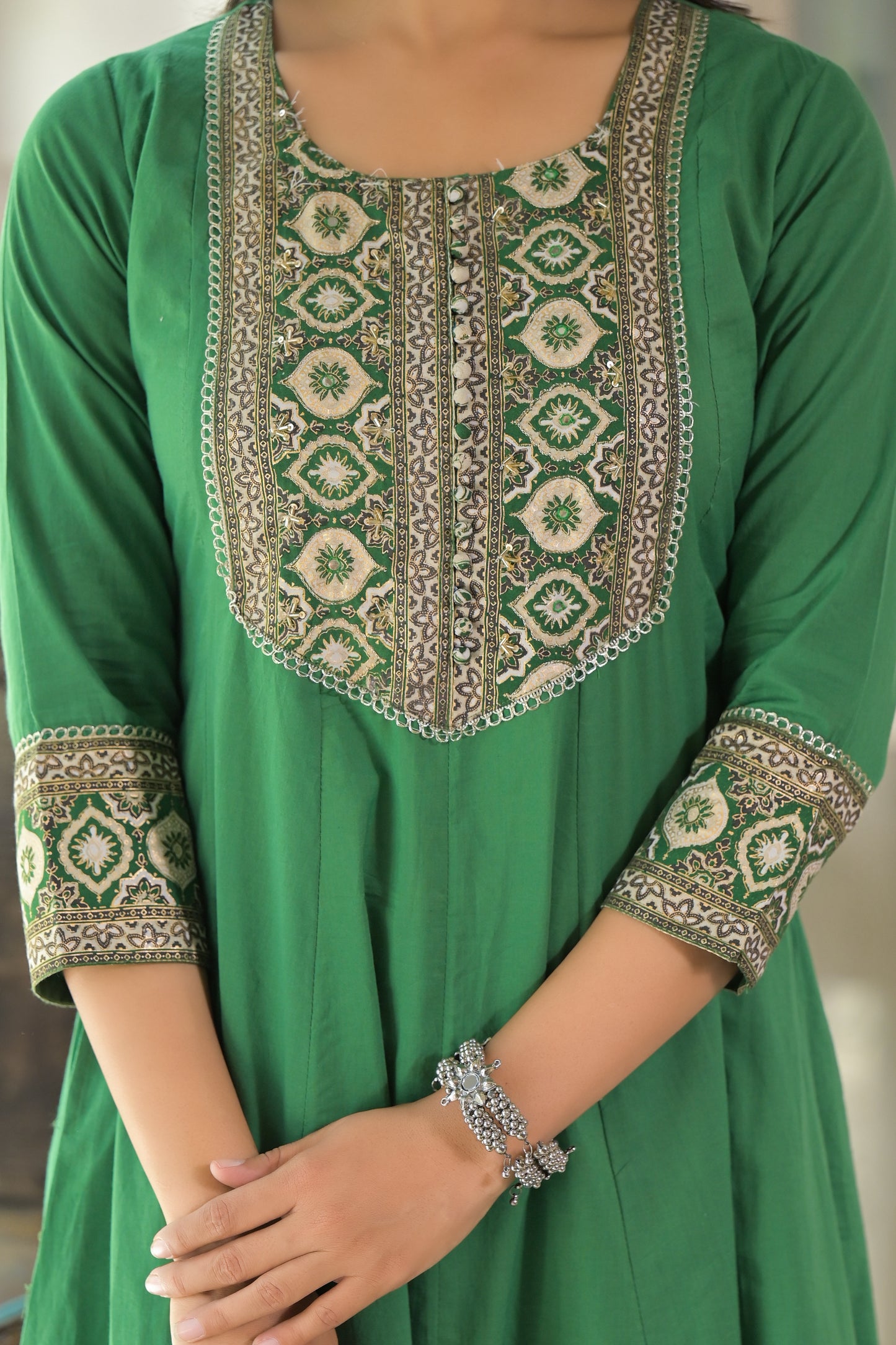 Green A-line Cotton Suit Set