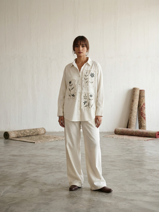 Women's pure cotton co-ord set featuring embroidered floral patch pockets, button-down shirt and wide-leg pants by Fabculture