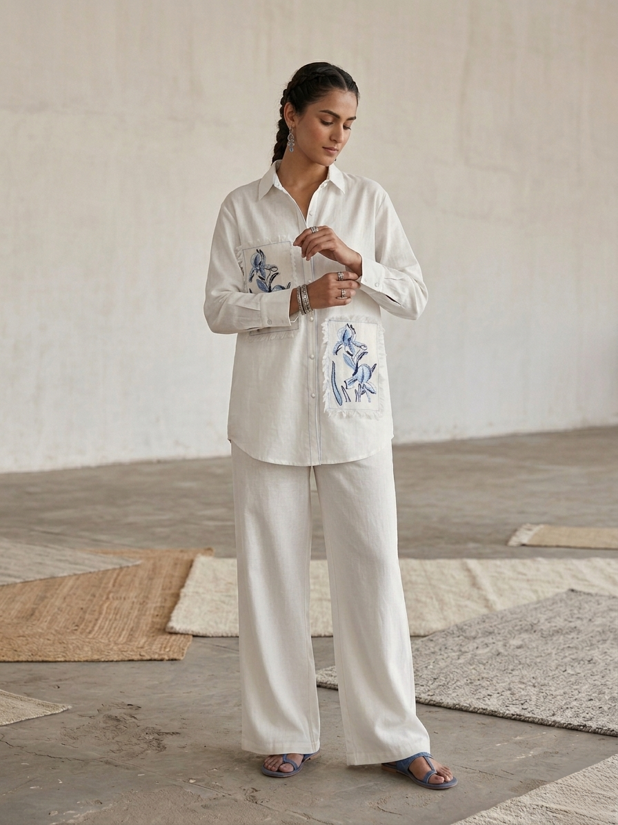 Women's pure cotton co-ord set featuring embroidered floral patch pockets, button-down shirt and wide-leg pants by Fabculture