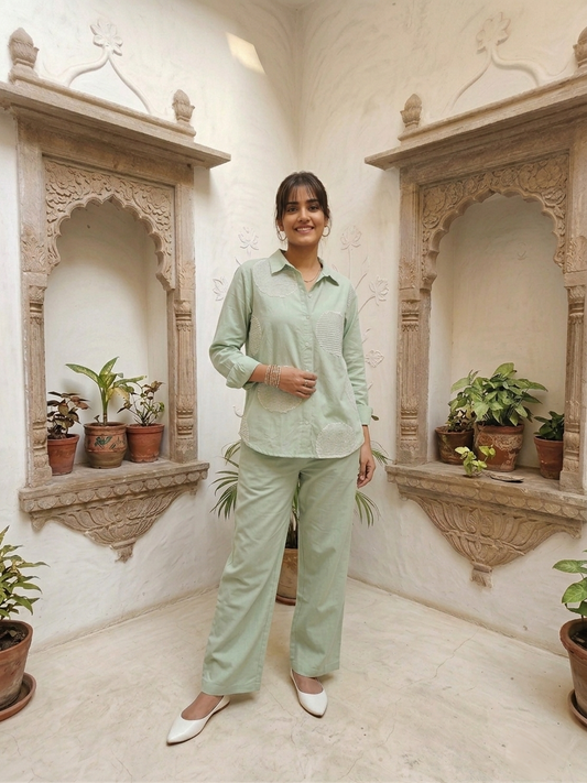 Women's pure cotton co-ord set featuring oversized dot motif detailing, button-front shirt and relaxed fit pants by Fabculture