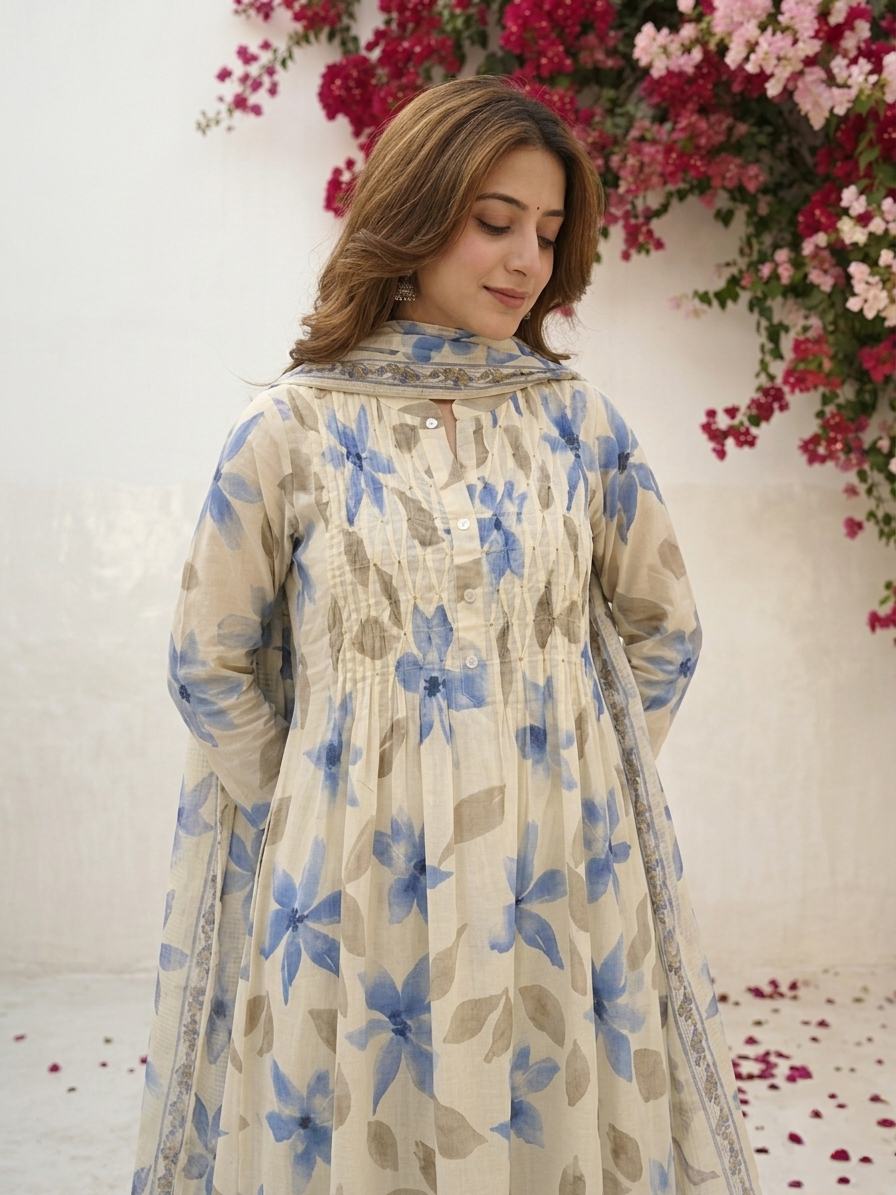 Floral cotton suit set featuring pintuck embroidered yoke and lightweight Kota Doriya dupatta