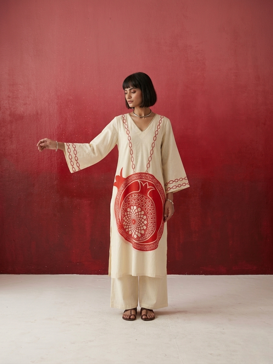 Premium pure cotton kurta set for women with artistic pomegranate motif and comfortable silhouette