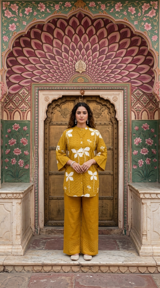 Wildflower Schiffli Cotton Co-ord - Mustard