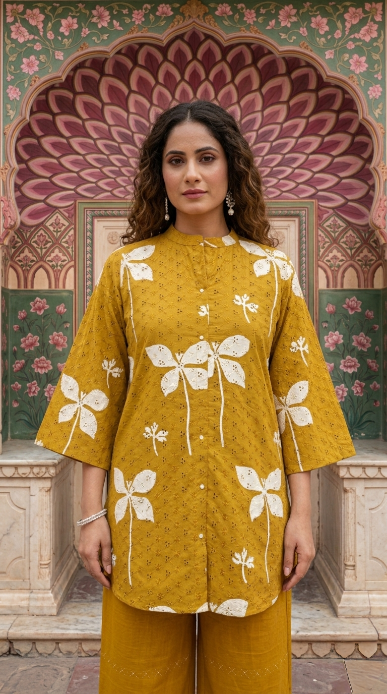 Wildflower Schiffli Cotton Co-ord - Mustard