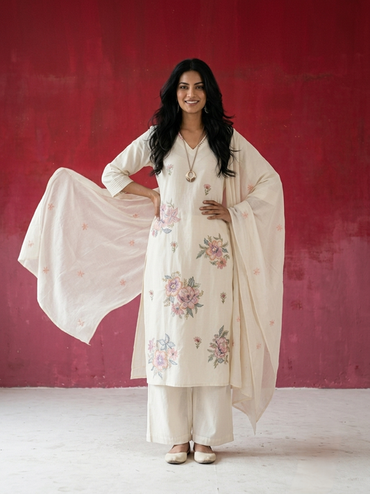 Women's pure cotton embroidered suit set with floral embroidery, cotton mulmul dupatta and matching cotton pants by Fabculture