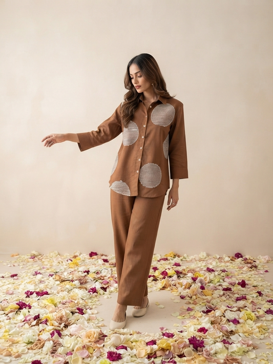 Women's pure cotton co-ord set featuring oversized dot motif detailing, button-front shirt and relaxed fit pants by Fabculture