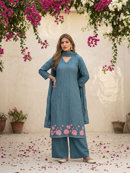 Blue cotton embroidered kurta pant set with matching floral embroidered dupatta, featuring delicate floral border detailing for women.