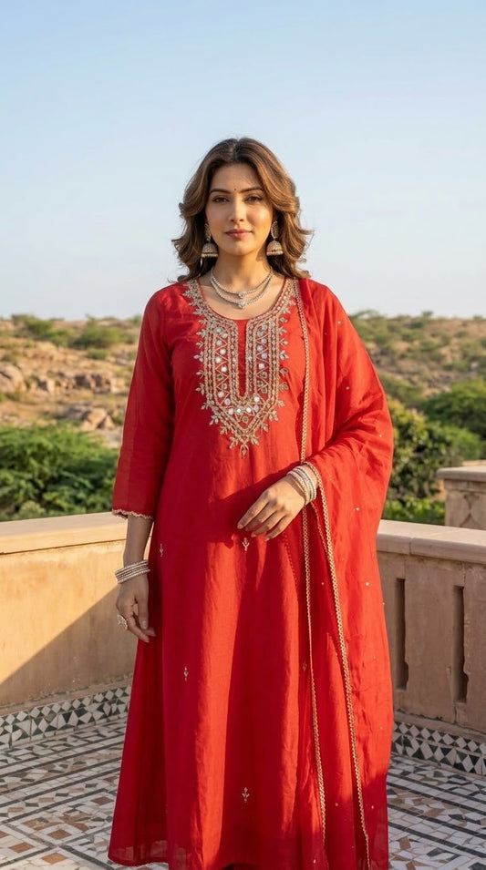 Banarasi Mul Chanderi 3-piece suit set with mirror work A-line kurta, pants and dupatta