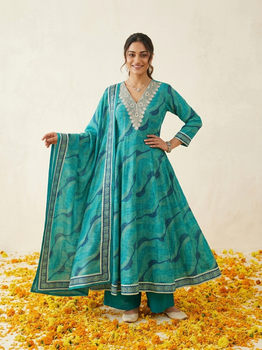 muslin Leheriya anarkali suit which is blue in color