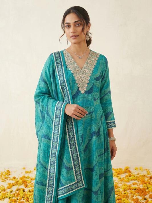 Pure Muslin Leheriya Anarkali Kurta Set - Blue