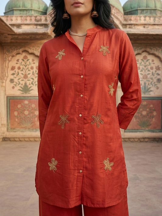 Russian Silk Hand Embroidered Co-ord Set - Red