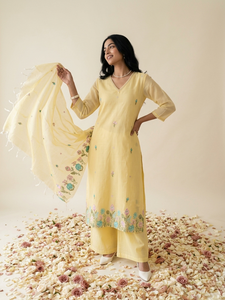 Yellow Kota Doria kurta set with hand embroidery and sheer dupatta