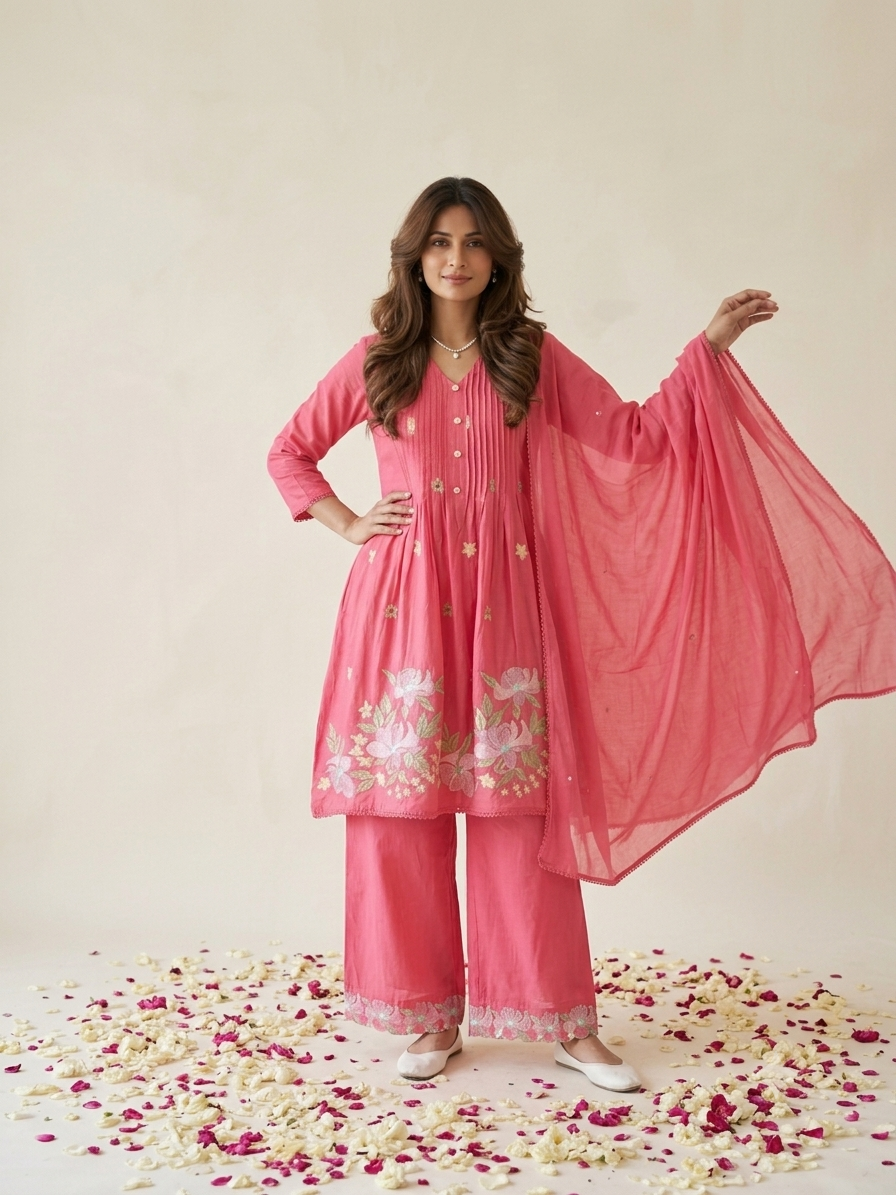 Floral embroidered kurta set with pants and dupatta in mustard, pink and navy blue