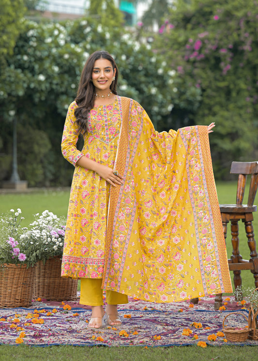 Elegant women's yellow Anarkali suit set with intricate embroidery and flared silhouette, perfect for festive and wedding wear