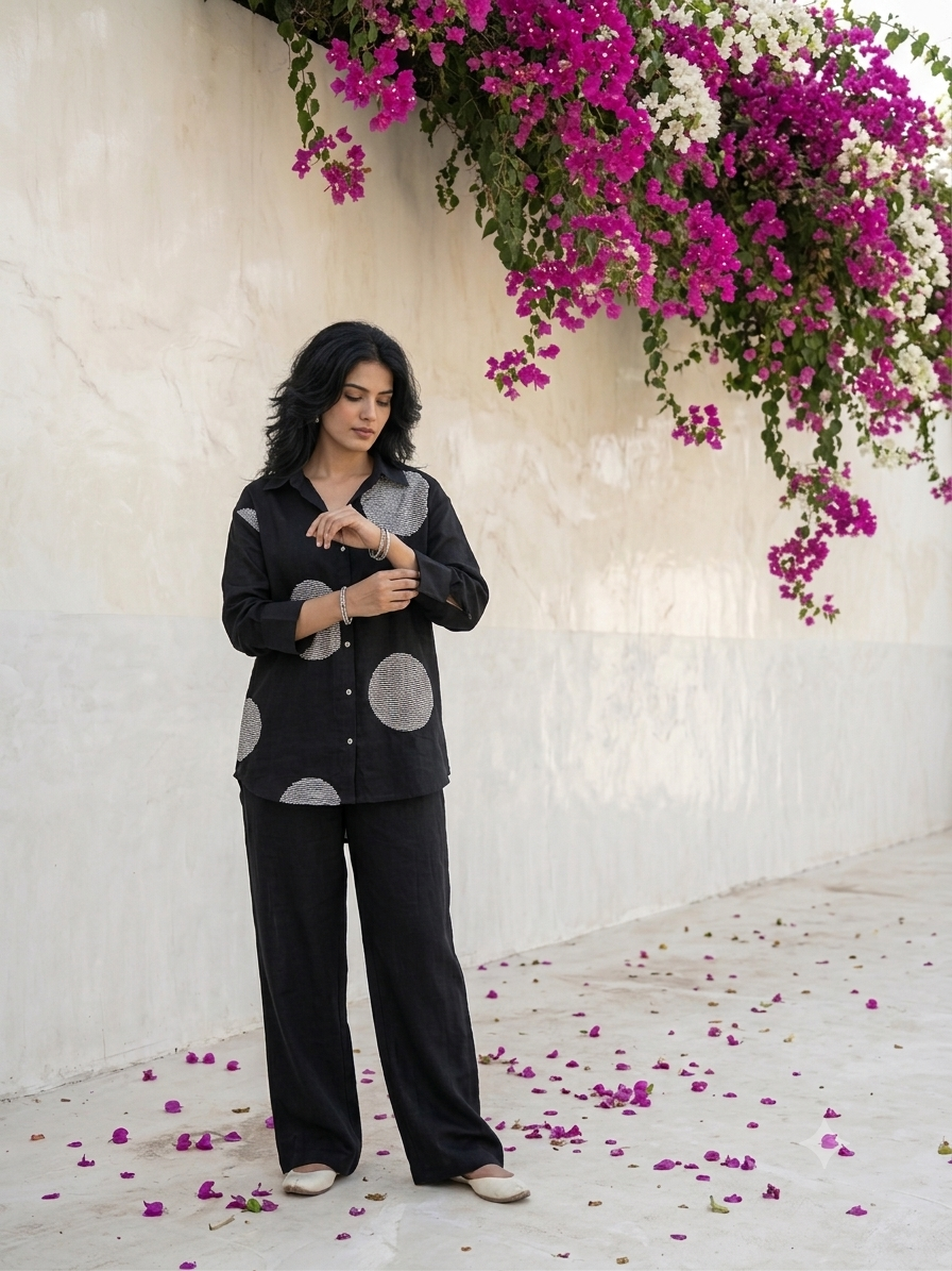 Women's pure cotton co-ord set featuring oversized motif detailing, button-front shirt and relaxed fit pants by Fabculture