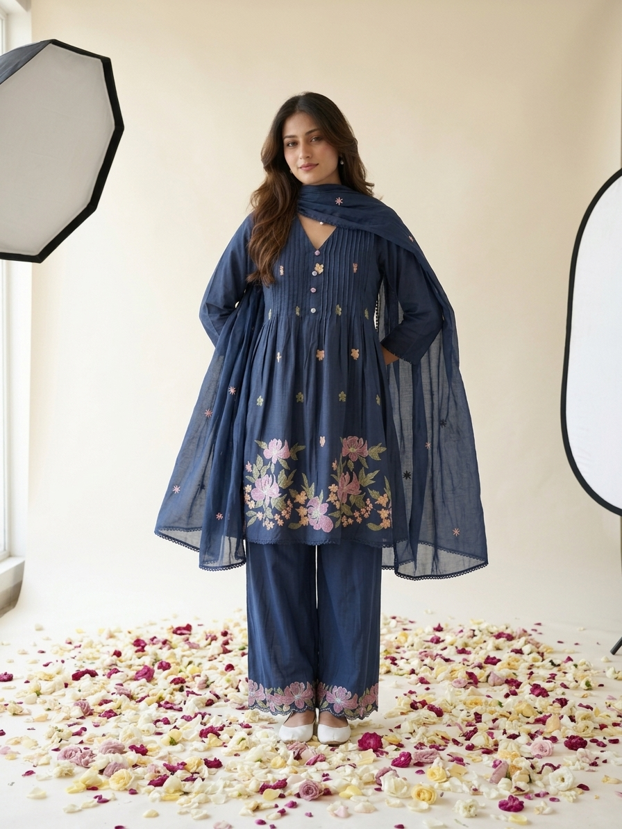 Floral embroidered kurta set with pants and dupatta in mustard, pink and navy blue