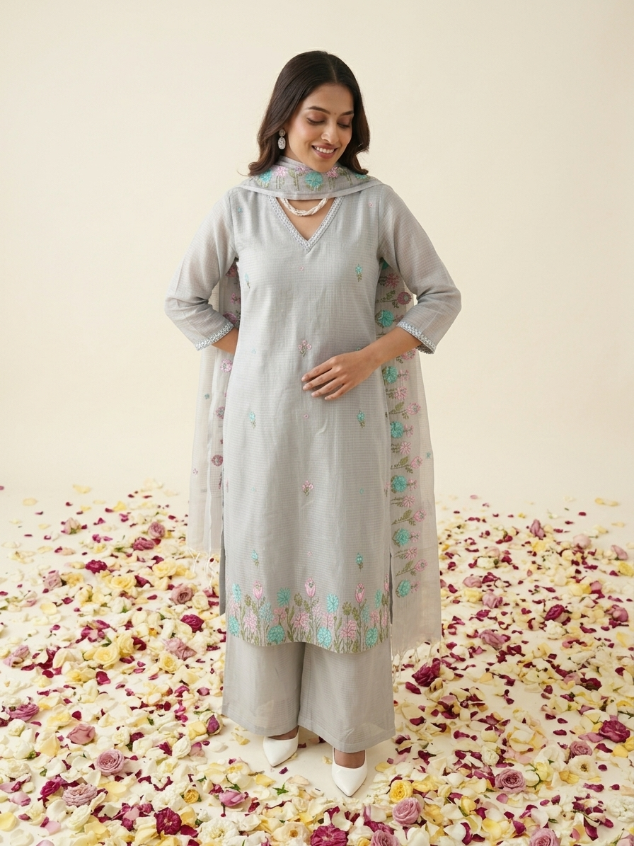 Blue Kota Doria kurta set with floral embroidery and matching dupatta