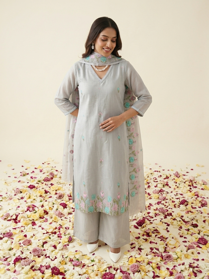 Blue Kota Doria kurta set with floral embroidery and matching dupatta