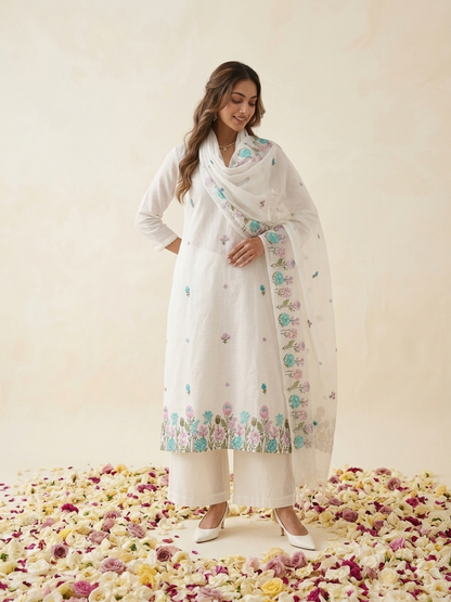 White Kota Doria kurta set with hand embroidery and sheer dupatta
