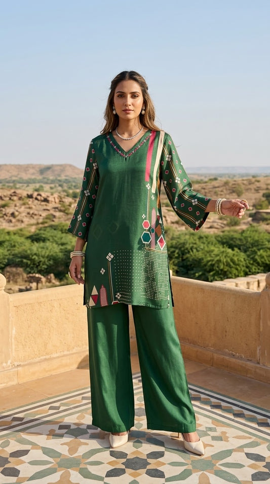 Green printed Muslin co-ord set with Pakistani-style flared sleeves and wide-leg pants