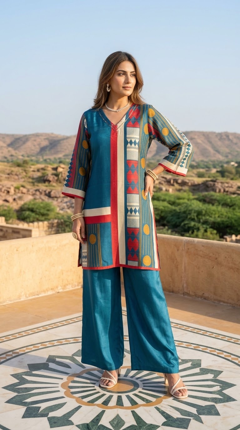 Blue printed Muslin co-ord set with Pakistani-style sleeves and matching wide-leg pants