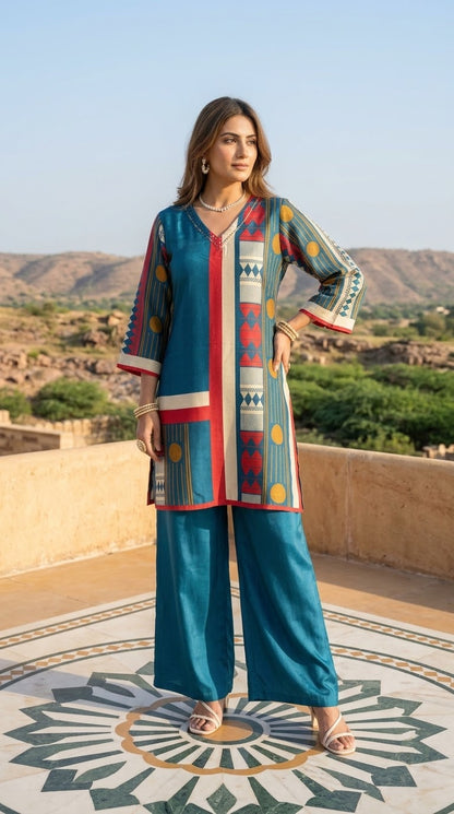 Blue printed Muslin co-ord set with Pakistani-style sleeves and matching wide-leg pants