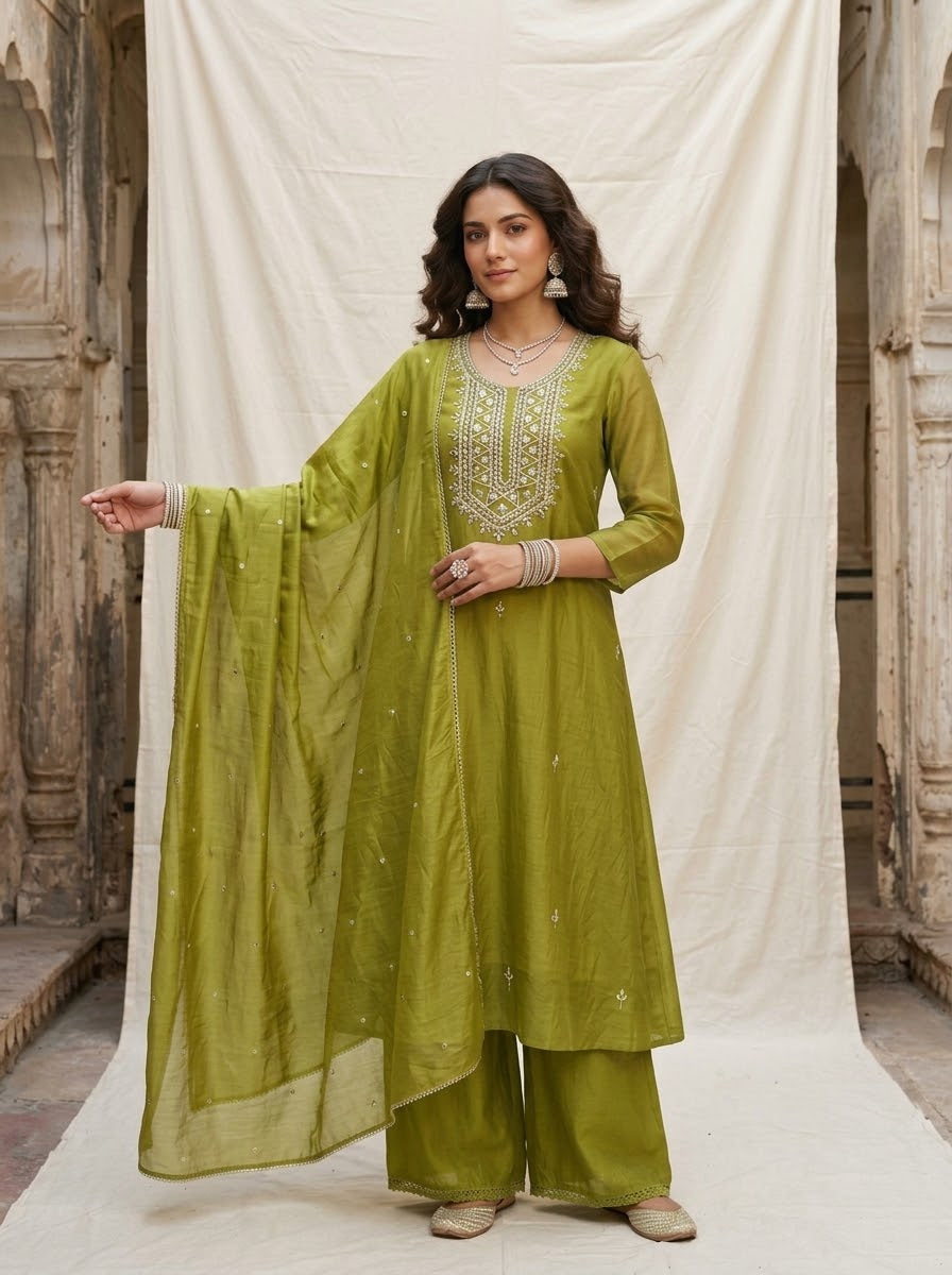 Banarasi Mul Chanderi 3-piece suit set with mirror work A-line kurta, pants and dupatta