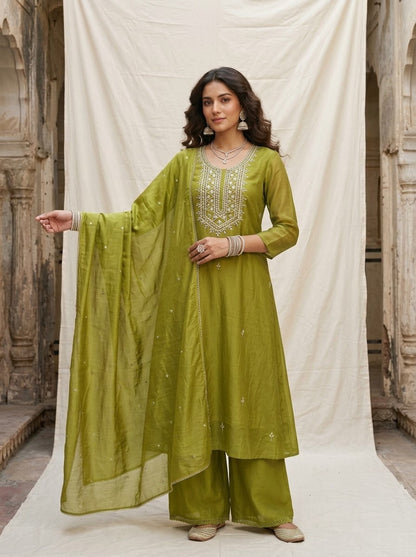 Banarasi Mul Chanderi 3-piece suit set with mirror work A-line kurta, pants and dupatta