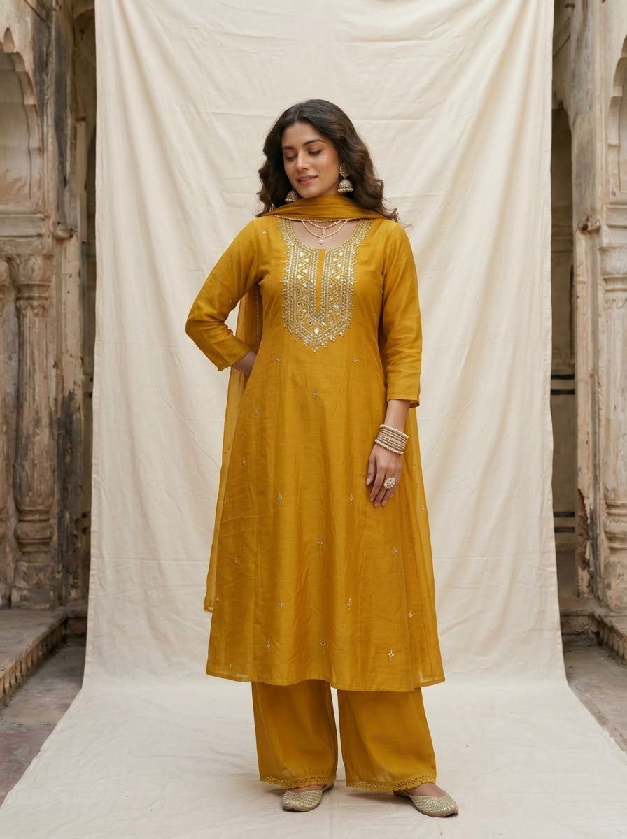Banarasi Mul Chanderi 3-piece suit set with mirror work A-line kurta, pants and dupatta