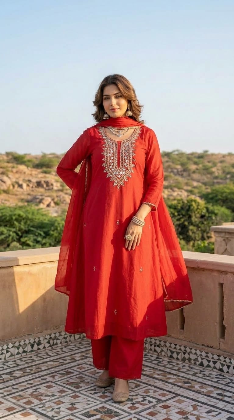 Banarasi Mul Chanderi 3-piece suit set with mirror work A-line kurta, pants and dupatta
