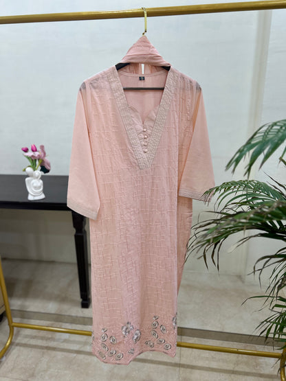 Women’s pure cotton embroidered kurta pant set with matching cotton dupatta in pastel pink and aqua blue, lightweight breathable ethnic wear for office, casual, and festive occasions.