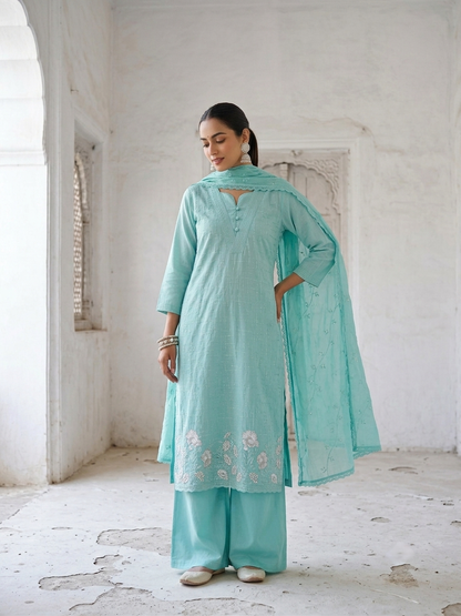 Women’s pure cotton embroidered kurta pant set with matching cotton dupatta in pastel pink and aqua blue, lightweight breathable ethnic wear for office, casual, and festive occasions.