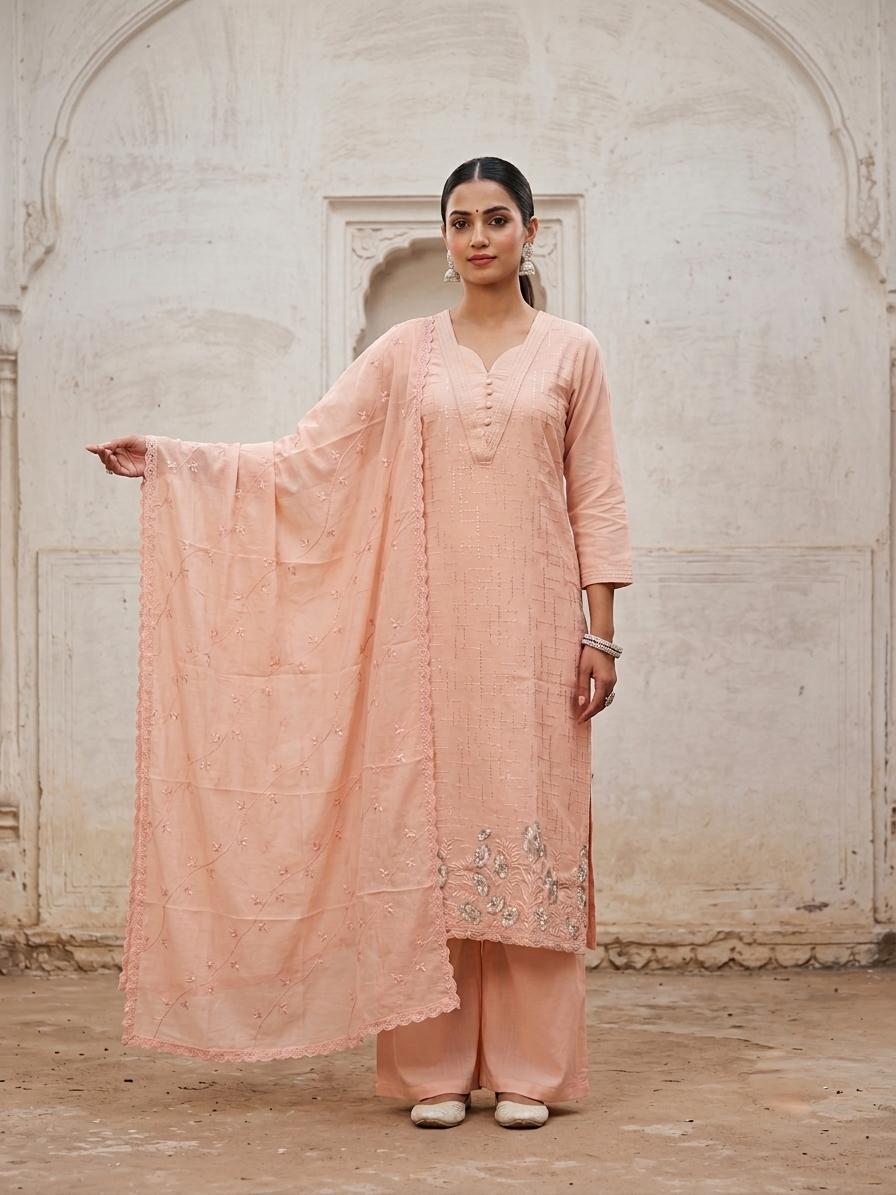 Women’s pure cotton embroidered kurta pant set with matching cotton dupatta in pastel pink and aqua blue, lightweight breathable ethnic wear for office, casual, and festive occasions.