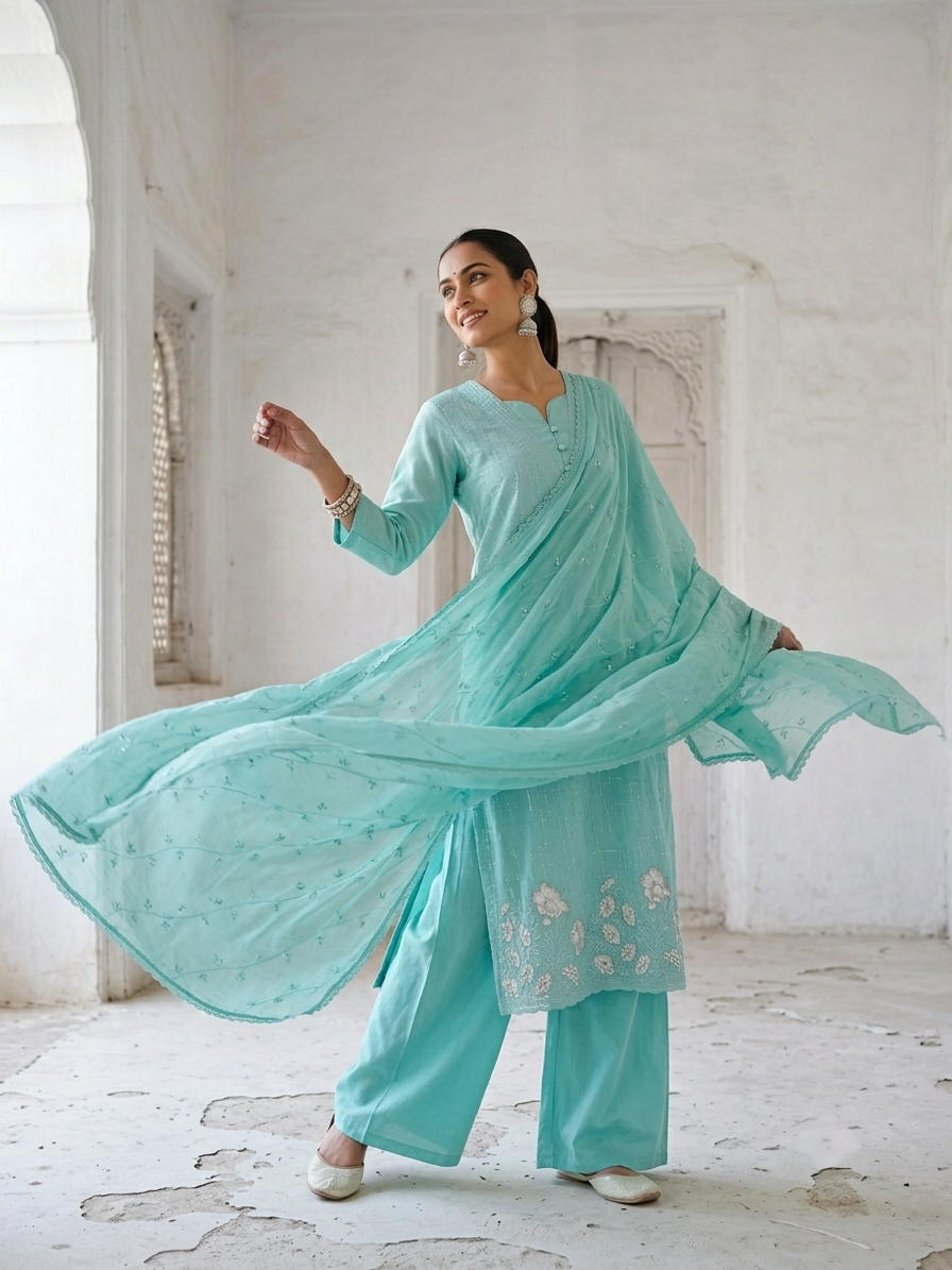 Women’s pure cotton embroidered kurta pant set with matching cotton dupatta in pastel pink and aqua blue, lightweight breathable ethnic wear for office, casual, and festive occasions.